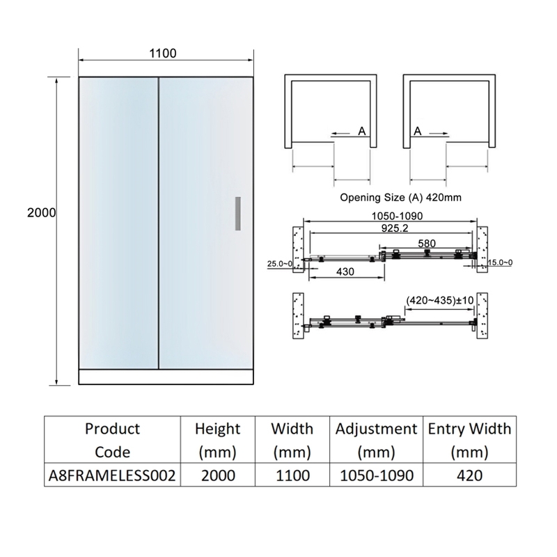 Orbit A8 Frameless Sliding Shower Door 1100mm Wide - 8mm Glass