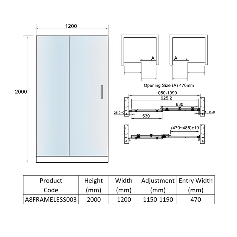 Orbit A8 Frameless Sliding Shower Door 1200mm Wide - 8mm Glass