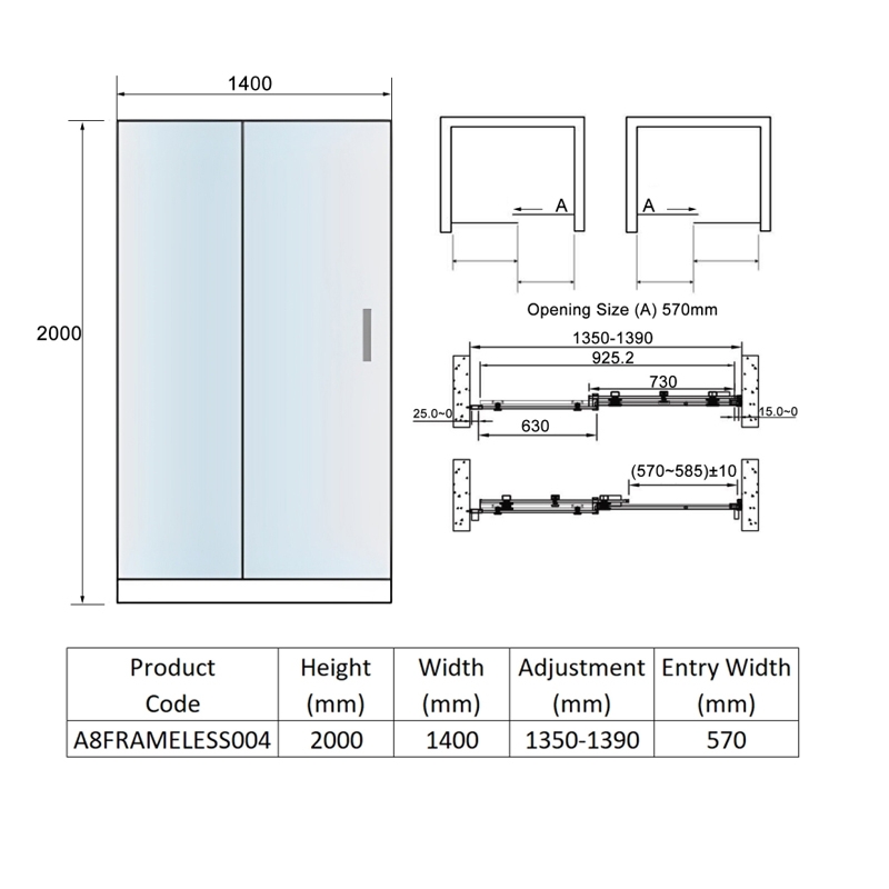 Orbit A8 Frameless Sliding Shower Door 1400mm Wide - 8mm Glass