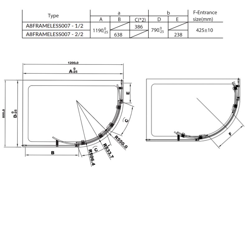 Orbit A8 Frameless Offset Quad Shower Enclosure 1200 x 800 Double