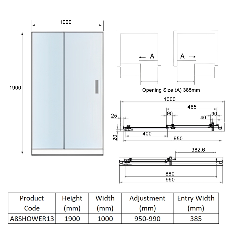 Orbit A8 Sliding Shower Door 1000mm Wide - 8mm Glass