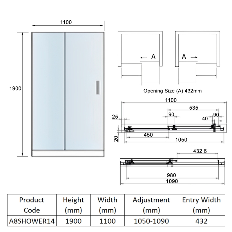 Orbit A8 Sliding Shower Door 1100mm Wide - 8mm Glass
