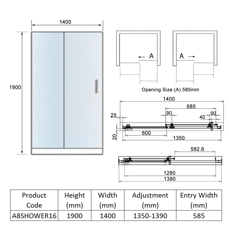 Orbit A8 Sliding Shower Door 1400mm Wide - 8mm Glass