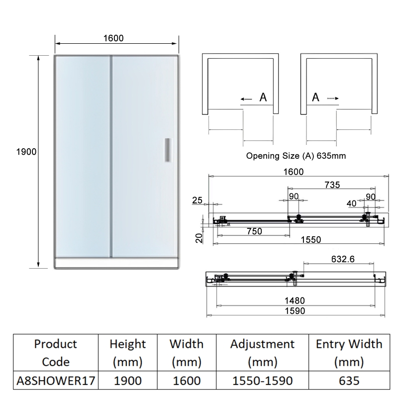 Orbit A8 Sliding Shower Door 1600mm Wide - 8mm Glass