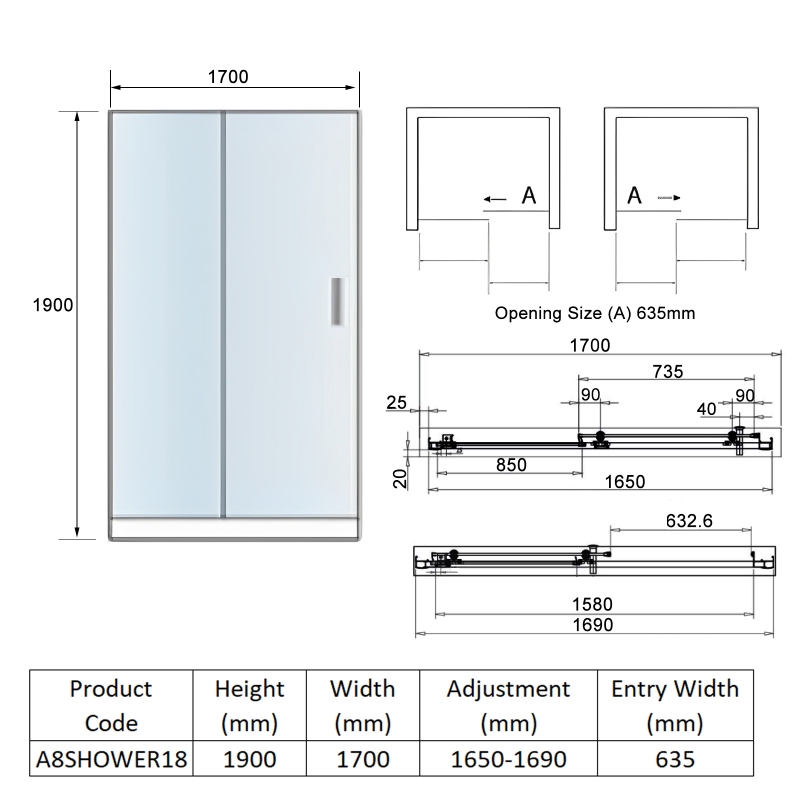 Orbit A8 Sliding Shower Door 1700mm Wide - 8mm Glass
