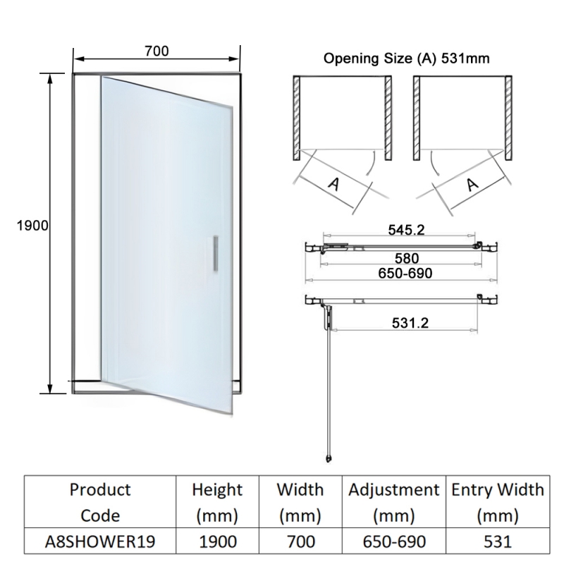 Orbit A8 Hinged Shower Door 700mm Wide - 8mm Glass