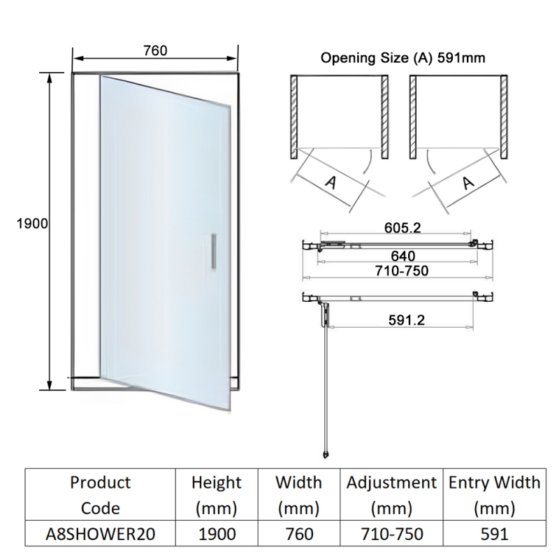 Orbit A8 Hinged Shower Door 760mm Wide - 8mm Glass
