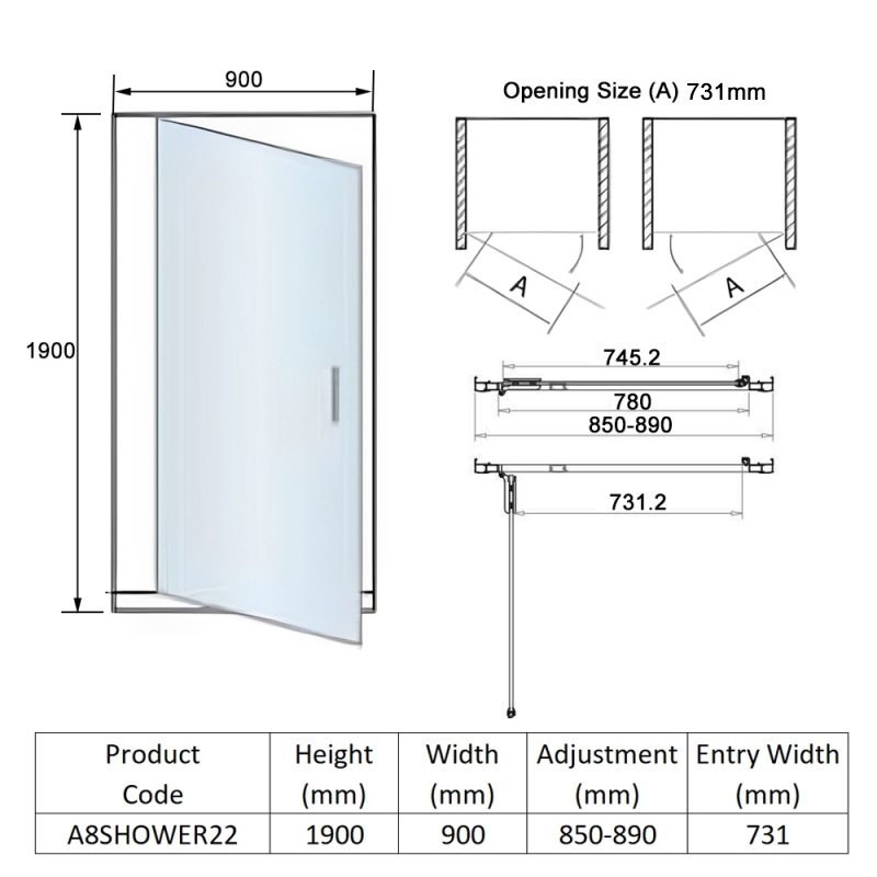 Orbit A8 Hinged Shower Door 900mm Wide - 8mm Glass