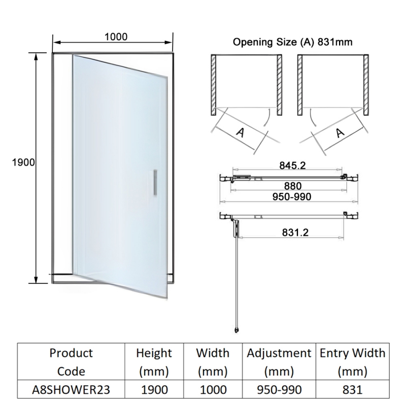 Orbit A8 Hinged Shower Door 1000mm Wide - 8mm Glass