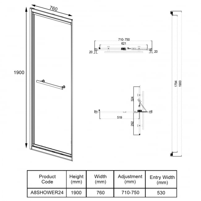 Orbit A8 In-Fold Shower Door 760mm Wide - 8mm Glass