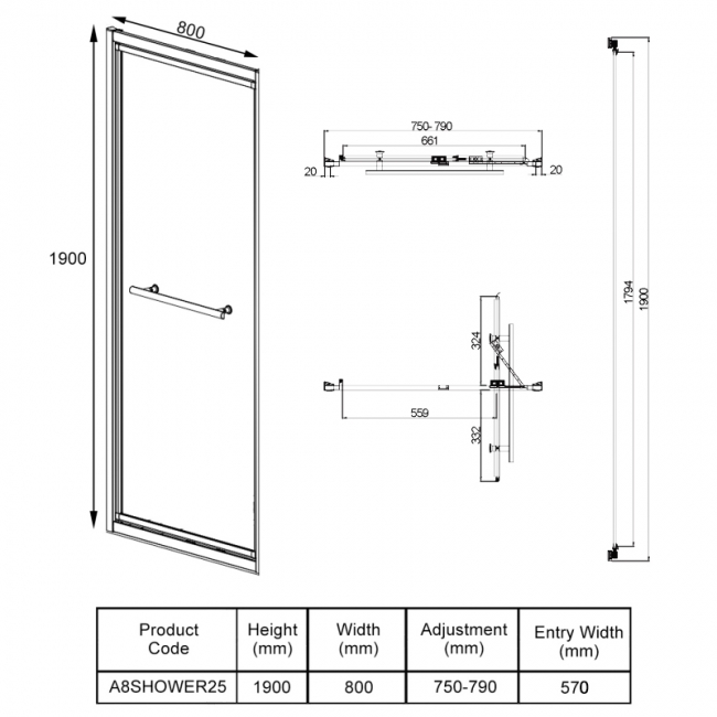 Orbit A8 In-Fold Shower Door 800mm Wide - 8mm Glass