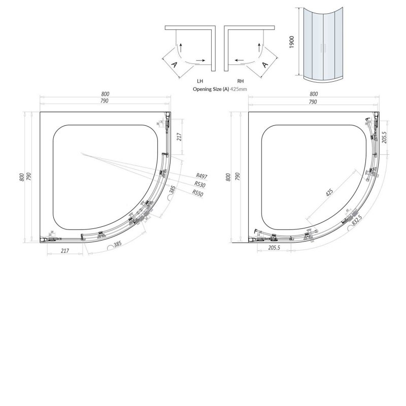 Orbit A8 2-Door Quadrant Shower Enclosure 800mm x 800mm - 8mm Glass