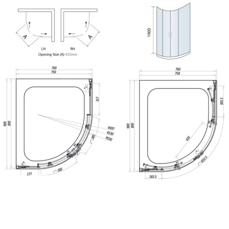 Orbit A8 2-Door Offset Quadrant Shower Enclosure 900mm x 760mm - 8mm Glass