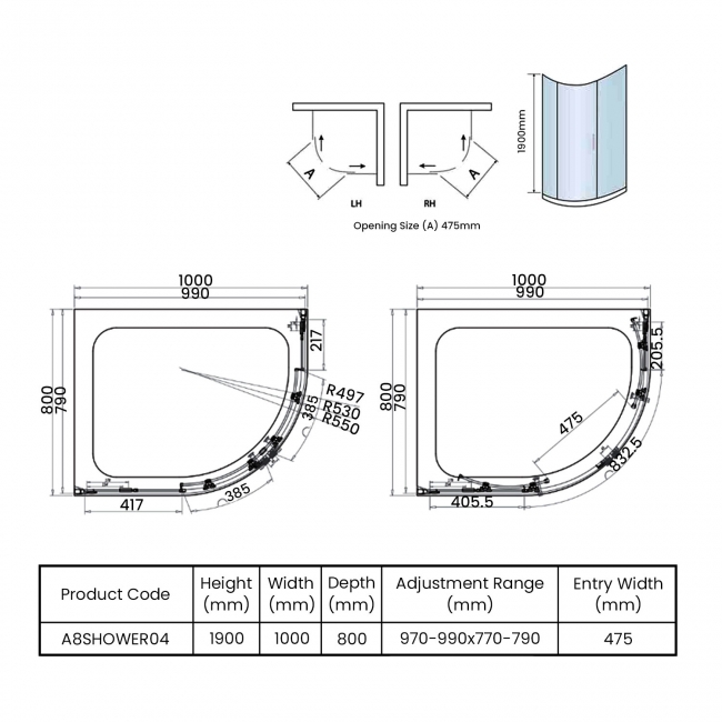 Orbit A8 2-Door Offset Quadrant Shower Enclosure 1000mm x 800mm - 8mm Glass