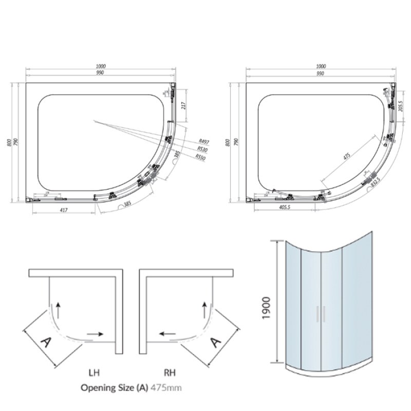 Orbit A8 2-Door Offset Quadrant Shower Enclosure 1000mm x 800mm - 8mm Glass