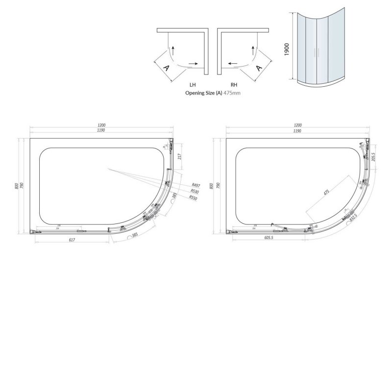Orbit A8 2-Door Offset Quadrant Shower Enclosure 1200mm x 800mm - 8mm Glass  | Dimension Image