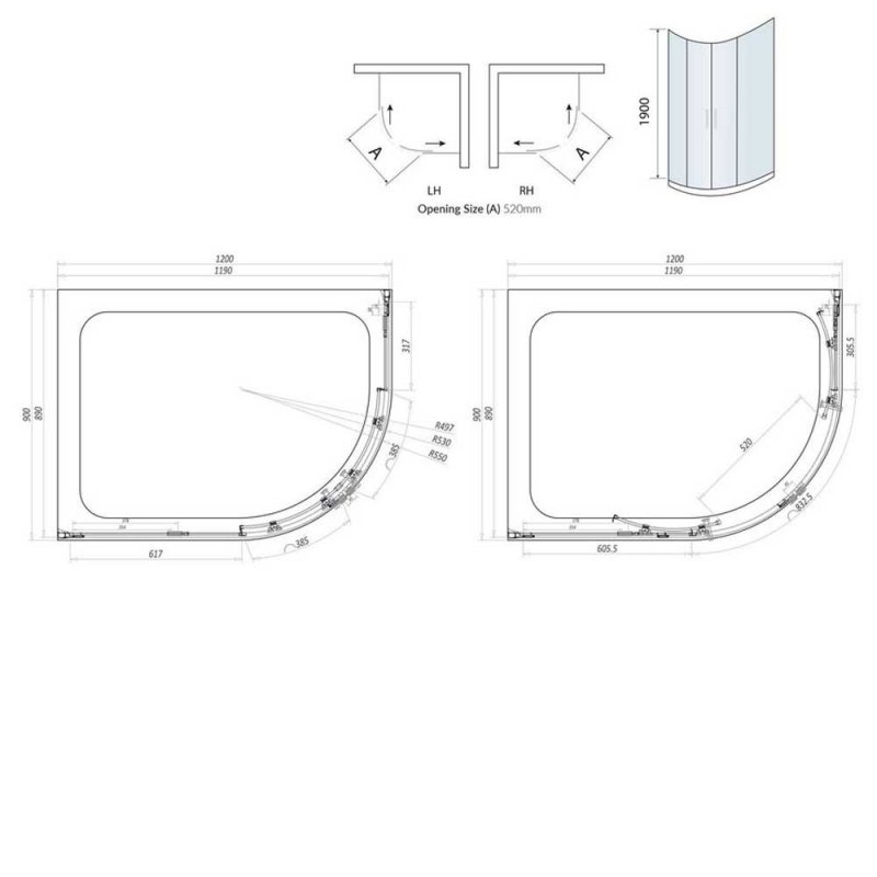 Orbit A8 2-Door Offset Quadrant Shower Enclosure 1200mm x 900mm - 8mm Glass