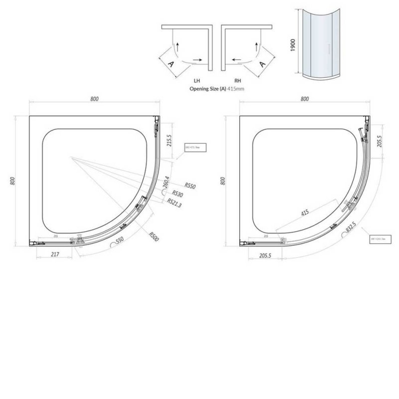 Orbit A8 1-Door Quadrant Shower Enclosure 800mm x 800mm Wide - 8mm Glass