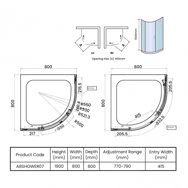 Orbit A8 1-Door Quadrant Shower Enclosure 800mm x 800mm Wide - 8mm Glass
