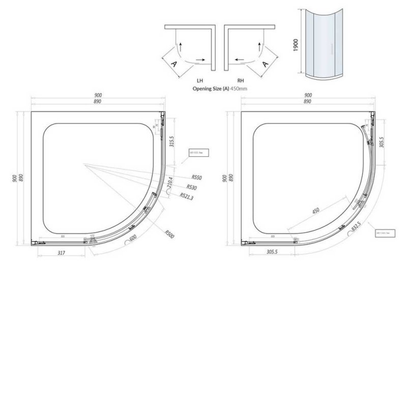 Orbit A8 1-Door Quadrant Shower Enclosure 900mm x 900mm Wide - 8mm Glass