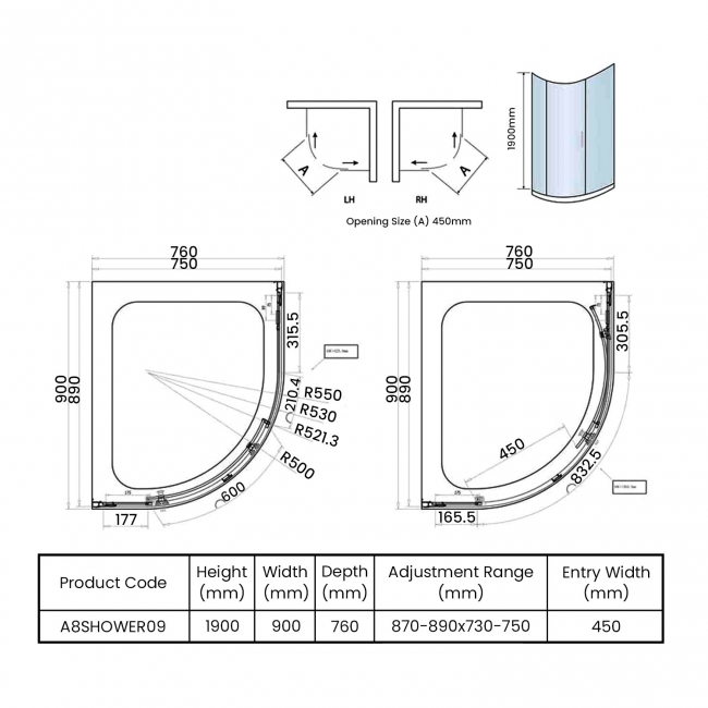 Orbit A8 1-Door Offset Quadrant Shower Enclosure 900mm x 760mm - 8mm Glass