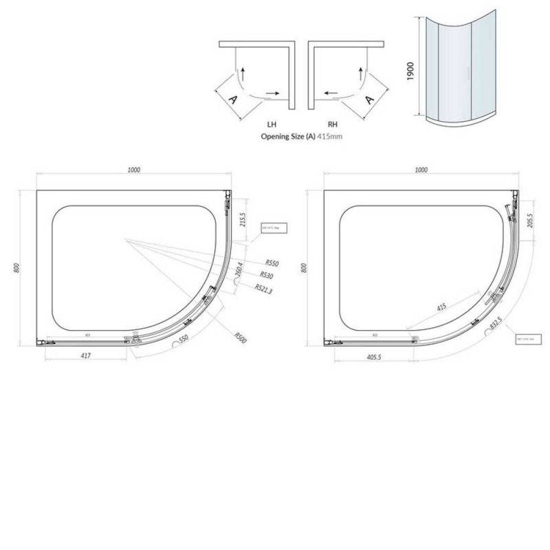 Orbit A8 1-Door Offset Quadrant Shower Enclosure 1000mm x 800mm - 8mm Glass