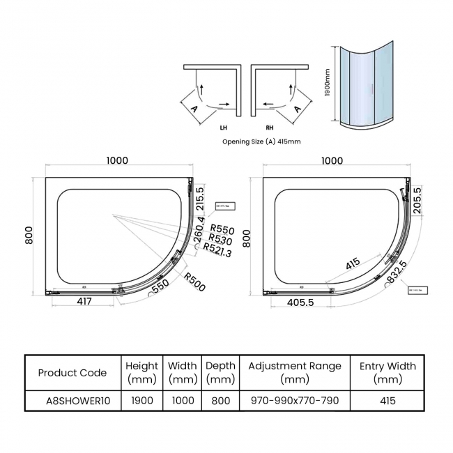 Orbit A8 1-Door Offset Quadrant Shower Enclosure 1000mm x 800mm - 8mm Glass