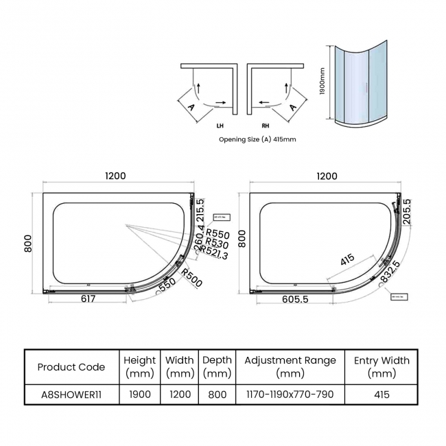 Orbit A8 1-Door Offset Quadrant Shower Enclosure 1200mm x 800mm - 8mm Glass