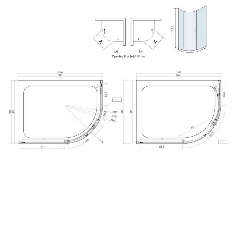 Orbit A8 1-Door Offset Quadrant Shower Enclosure 1200mm x 900mm - 8mm Glass