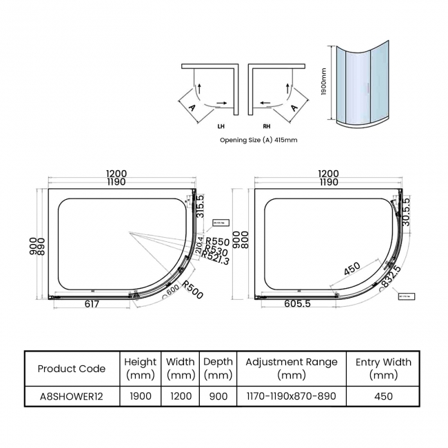 Orbit A8 1-Door Offset Quadrant Shower Enclosure 1200mm x 900mm - 8mm Glass