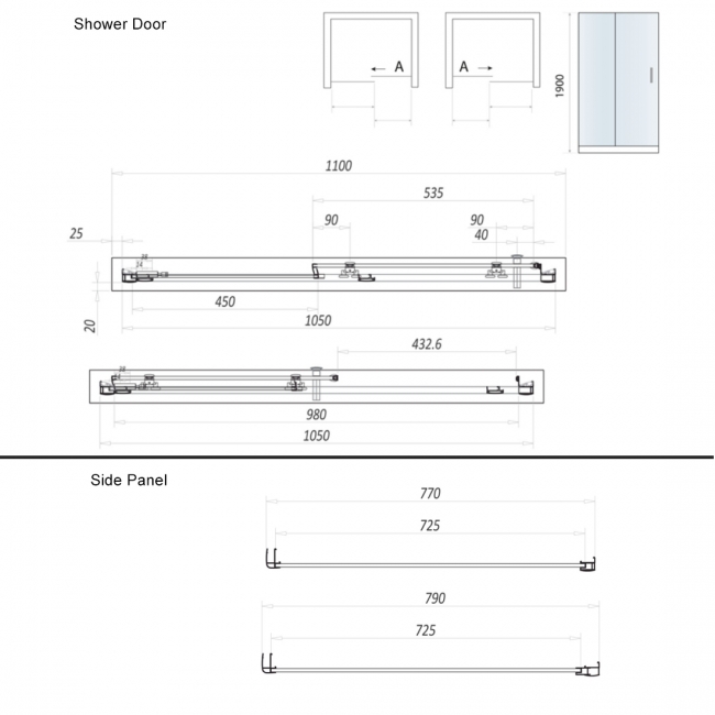 Orbit A8 Sliding Door Rectangular Shower Enclosure 1100mm x 760mm - 8mm Glass