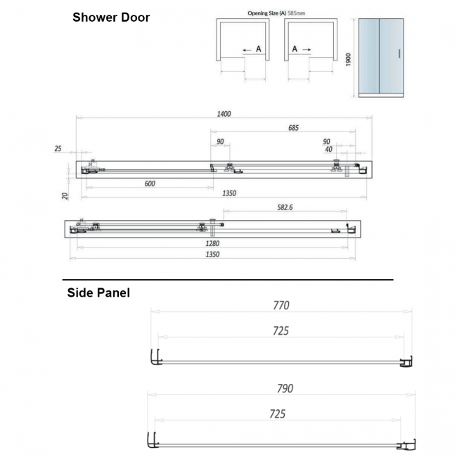 Orbit A8 Sliding Door Rectangular Shower Enclosure 1400mm x 800mm - 8mm Glass  | Dimension Image