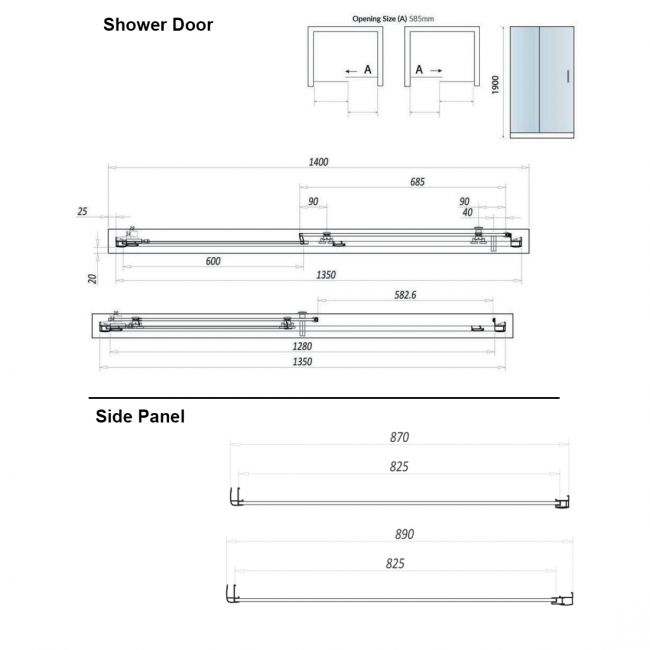 Orbit A8 Sliding Door Rectangular Shower Enclosure 1400mm x 900mm - 8mm Glass  | Dimension Image