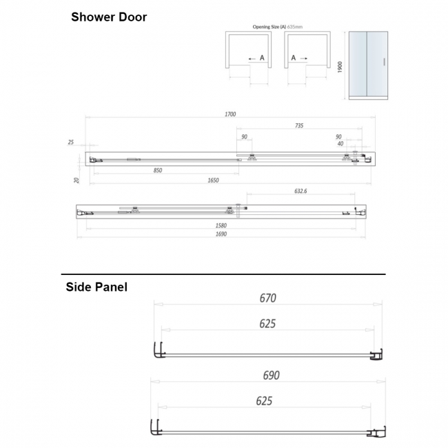 Orbit A8 Sliding Door Rectangular Shower Enclosure 1700mm x 700mm - 8mm Glass  | Dimension Image