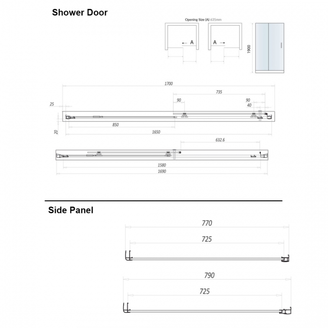 Orbit A8 Sliding Door Rectangular Shower Enclosure 1700mm x 800mm - 8mm Glass  | Dimension Image