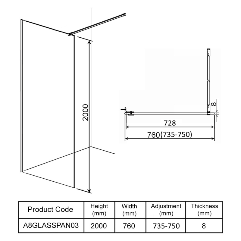 Orbit S8 Wet Room Glass Panel 760mm Wide - 8mm Glass