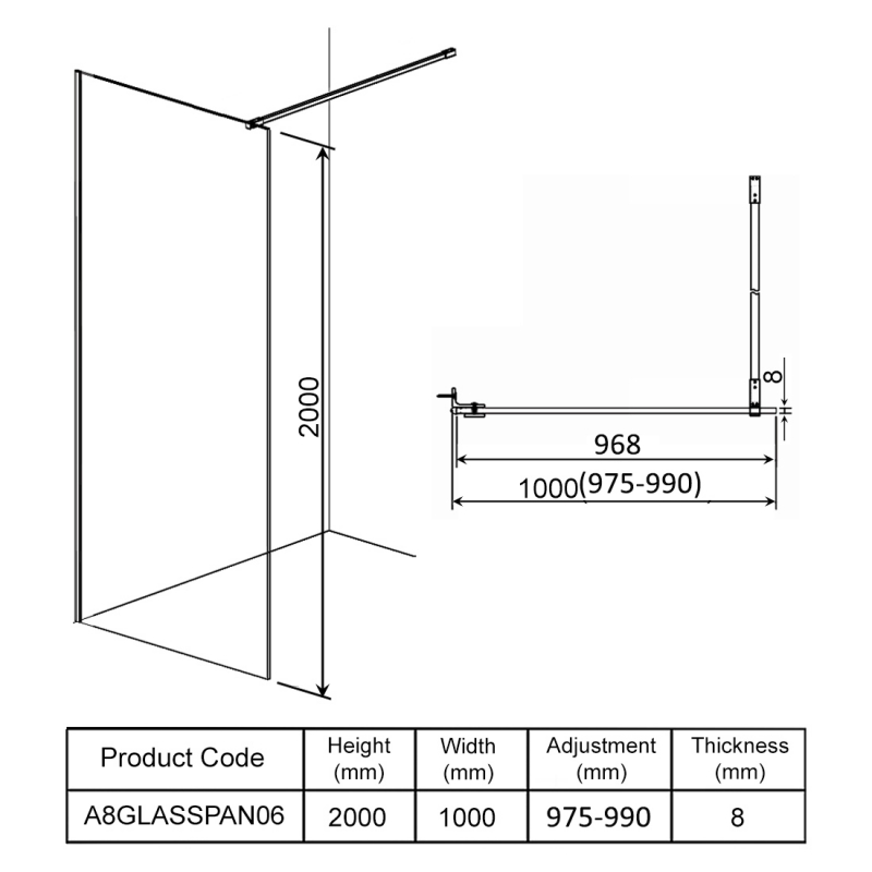 Orbit S8 Wet Room Glass Panel 1000mm Wide - 8mm Glass