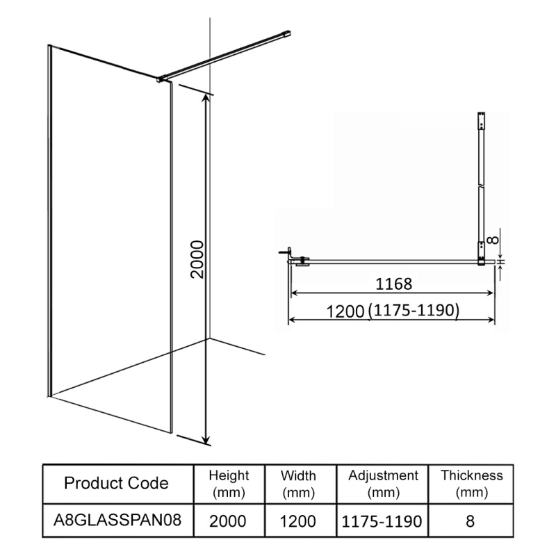 Orbit A8 Wet Room Glass Panel 1200mm Wide - 8mm Clear Glass