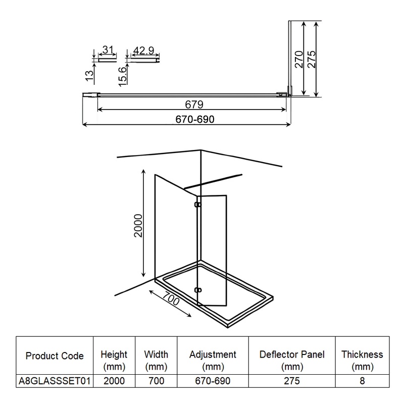 Orbit S8 Wet Room Glass with Deflector Panel (700mm + 275mm) Wide - 8mm Glass
