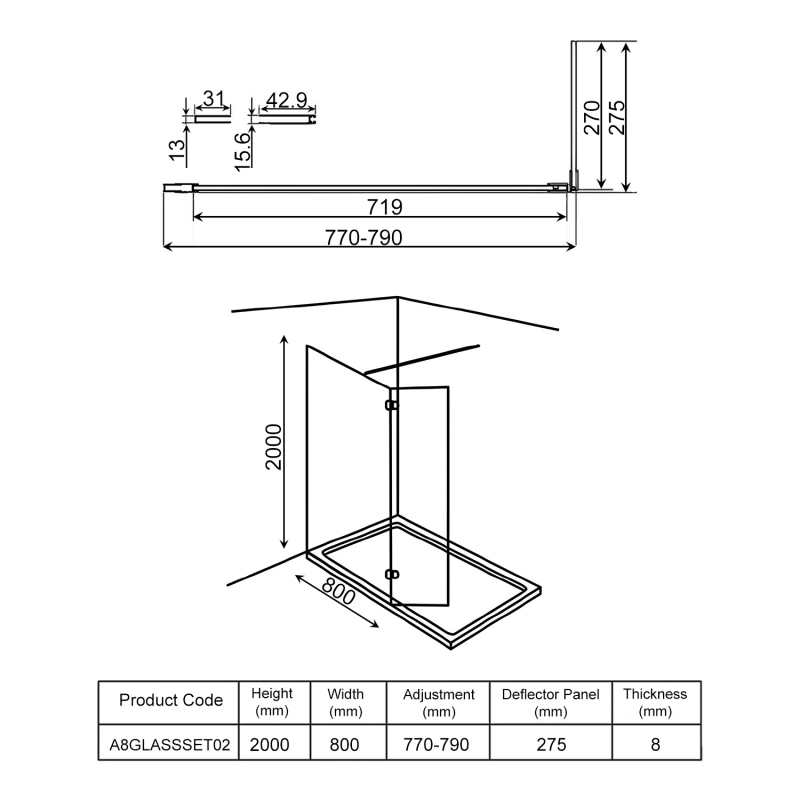 Orbit S8 Wet Room Glass with Deflector Panel (800mm + 275mm) Wide - 8mm Glass