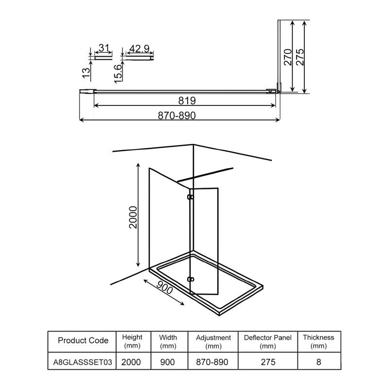 Orbit S8 Wet Room Glass with Deflector Panel (900mm + 275mm) Wide - 8mm Glass