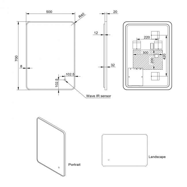 Orbit Alfie Soft Edge LED Bathroom Mirror 700mm H x 500mm W - Brushed Brass