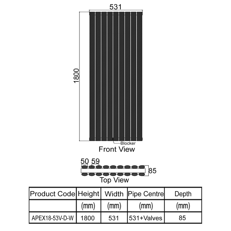Orbit Apex Double Designer Vertical Radiator 1800mm H x 531mm W - White