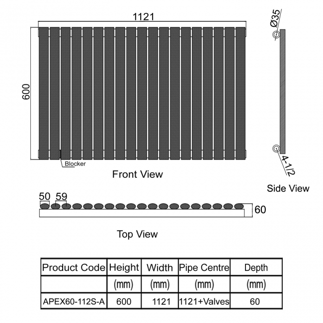 Orbit Apex Single Designer Horizontal Radiator 600mm H x 1121mm W - Anthracite