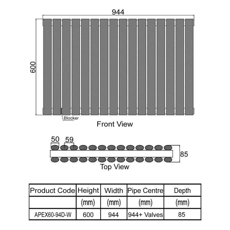 Orbit Apex Double Designer Horizontal Radiator 600mm H x 944mm W - White