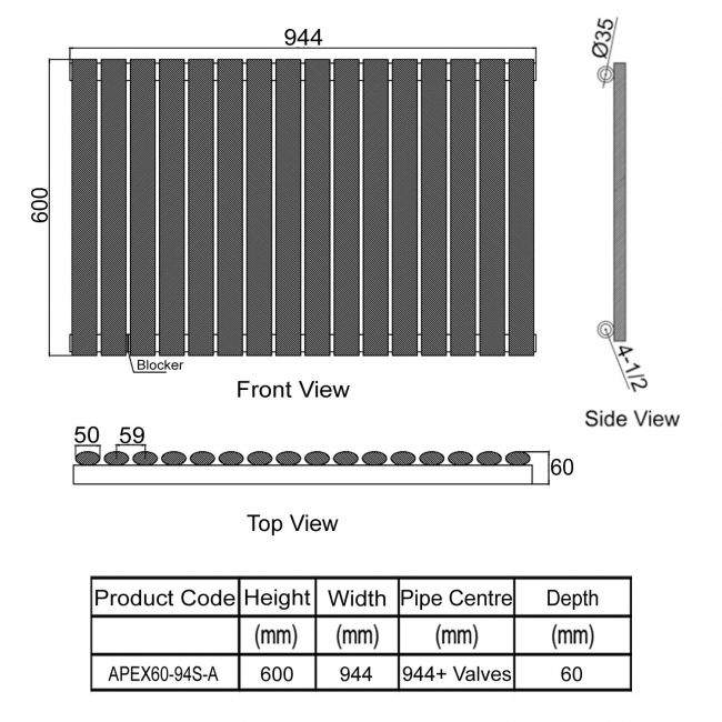 Orbit Apex Single Designer Horizontal Radiator 600mm H x 944mm W - Anthracite