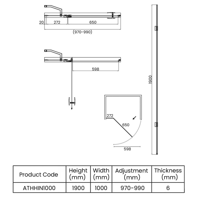 Orbit Athena Matt Black Hinged Shower Door 1000mm Wide - 6mm Glass  | Dimension Image