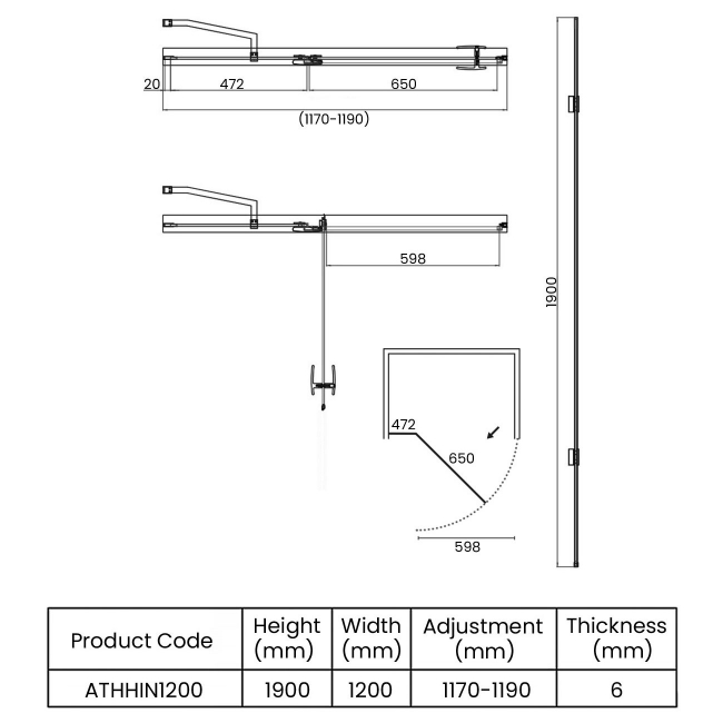 Orbit Athena Matt Black Hinged Shower Door 1200mm Wide - 6mm Glass  | Dimension Image