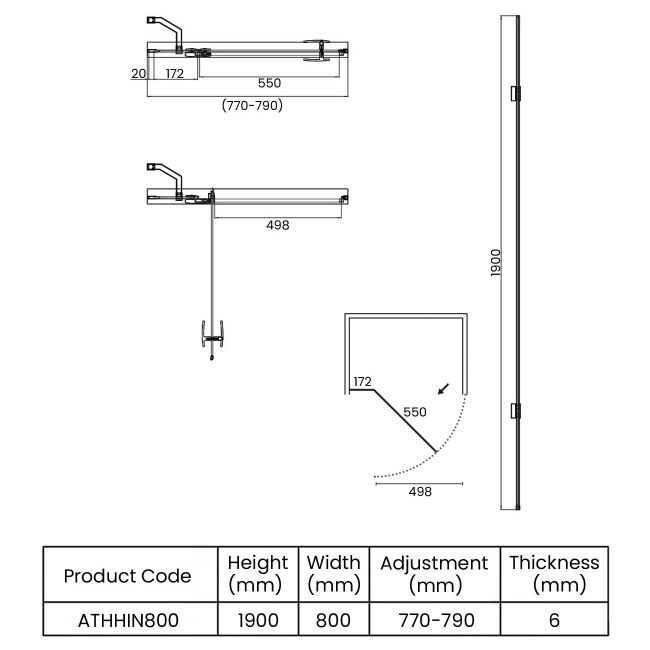 Orbit Athena Chrome Hinged Shower Door 800mm Wide - 6mm Glass  | Dimension Image