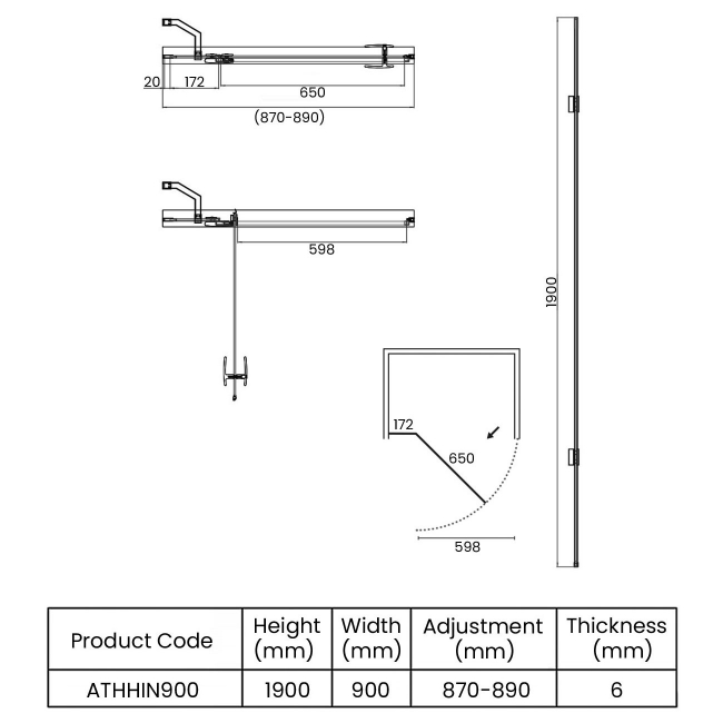 Orbit Athena Chrome Hinged Shower Door 900mm Wide - 6mm Glass  | Dimension Image